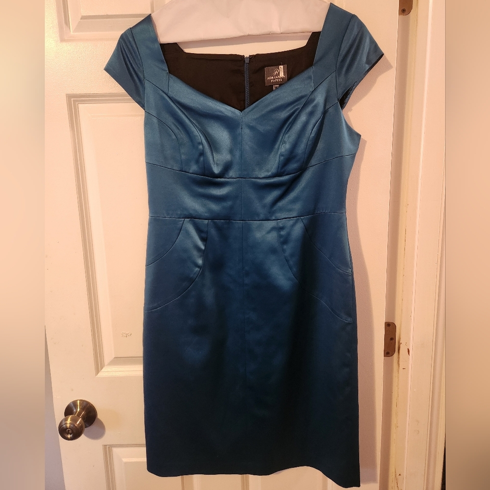 Adrianna Papell Teal Satin Cap-Sleeve Sheath Dress, Size 12